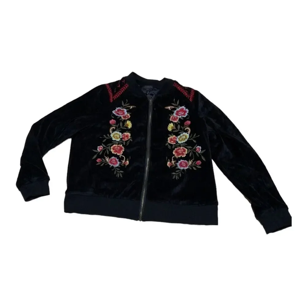 Torrid size 1 black velour jacket embroidery was cute coat lightweight track flr